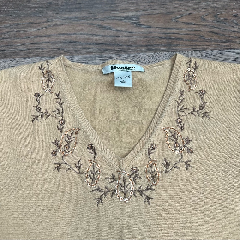vintage 90s Nygard V-neck knit tank top floral embroidery silk tan boho Y2K - Picture 2 of 7